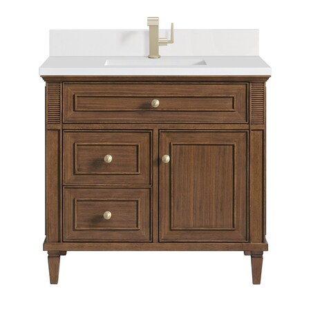 James Martin Vanities 36'' Single Vanity, Mid-Century Walnut w/ Single Hole 3 CM White Zeus Quartz Top & Backsplash 424-V36-WLT-1WZ